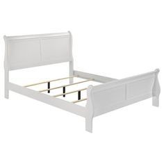 a white bed frame with wooden slats