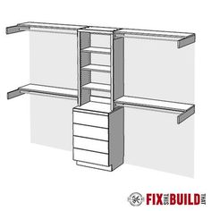 a drawing of a closet with shelves and drawers on the bottom, one shelf is open