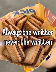 someone is holding up a bag of peanut butter sandwiches with the words always the writer never the