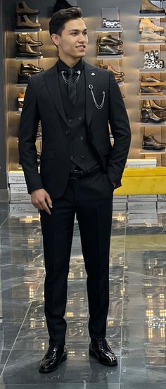 Black Suit For Tomboy, Black Tailored Suit Men, All Black Suit Gold Accent, Full Black Suit Men Formal, Black And Silver Prom Suits For Guys, How To Style A Black Suit Men, Md Suits For Men, Black On Black Suit Wedding, Black Prom Suits For Guys