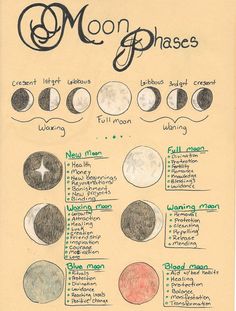 "A printable page featuring the Pagan/Wiccan moon phases, and their meanings and spiritual uses. Prints at 8.5\"x11\", so its perfect to slip into your own Book of Shadows. **Image updated on 12/19/2020 to correct moon phases.**" Phases Of The Moon Printable, Blood Moon Rituals, Moon Phases Meaning, Moon Printable, Moon Meaning, Witchcraft Spell Books