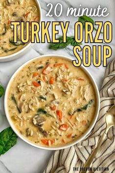 two bowls of turkey orzo soup on a marble table