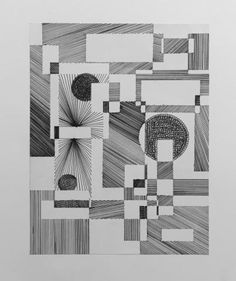 black and white drawing with squares, circles and lines