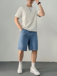 Men's Summer Loose Fit Bermuda Denim Shorts With Pockets, Casual Blue    Denim Plain Bermuda Non-Stretch Summer Men Clothing, size features are:Bust: ,Length: ,Sleeve Length: Summer Men's Style, Men Casual Outfit Shorts, Blue Jeans Shorts Outfit Men, Short Jeans Men Outfits, Bermuda Shorts Outfit Men, Clean Mens Fashion, Outfit Con Bermuda Hombre, Short Outfits Hombre, Short Jeans Outfit Men