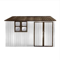 a white shed with brown trim and windows on the side, isolated against a white background