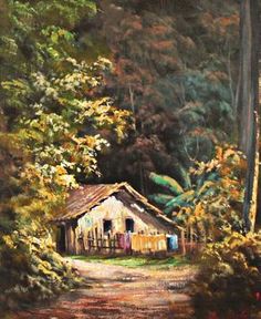 an oil painting of a house in the woods