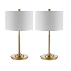 pair of brass table lamps with white shades