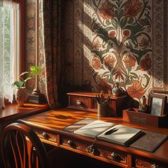 a wooden desk topped with a laptop computer next to a window covered in wallpaper