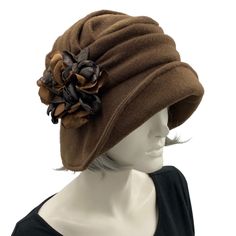 Alice wide from brim cloche hat for women handmade in brown fleece with satin hydrangea brooch in shades of brown Boston Millinery  modeled on a hat mannequin front side view Fun Hats, Bespoke Hats, Social Media Buttons, Fall Hats, Elegant Hats, Unique Hats, Fancy Hats, Cloche Hat, Handmade Hat