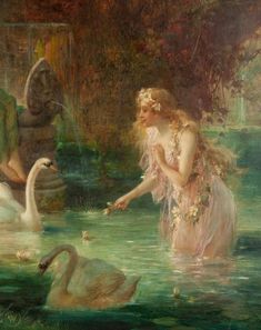 a painting of a woman and two swans in the water