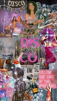 a collage of disco themed items including balloons, streamers, and other things