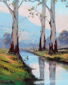 a painting of some trees by the water