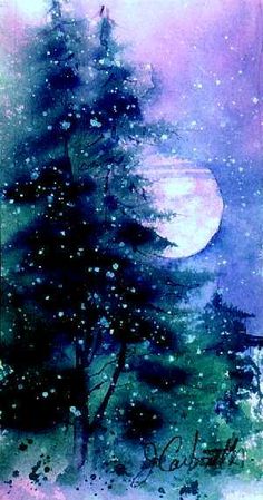 a painting of trees in the snow with a full moon behind them and purple hues