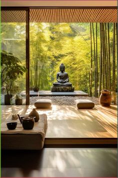 a living room with a buddha statue in the center and bamboo trees behind it on either side