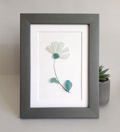 a white flower in a gray frame next to a succulent and potted plant