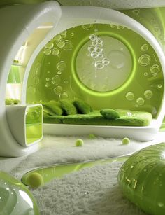 a green room with bubbles on the walls and white carpeted flooring, as well as a round bed