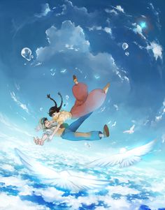 two anime characters flying through the air with bubbles in the sky behind them, one holding onto another character's back