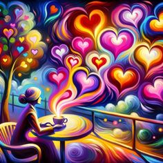 a painting of a person sitting at a table with hearts in the sky above them