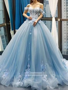 Light Blue Tulle Quince Dresses 3D Flower Off the Shoulder Cinderella – Viniodress Prom Dresses Cinderella, Cinderella Quinceanera Dress, Cinderella Quinceanera, Dresses Cinderella, Blue Princess Dress, Off Shoulder Tulle, Lace Long Prom Dress, Prom Dress Blue, Blue Evening Dress