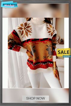 Loose Christmas Winter Turtleneck Elk Knitted Sweater Winter Jacquard Knit Acrylic Sweater, Winter Acrylic Jacquard Knit Sweater, Beige Fair Isle Pattern Tops For Winter, Beige Fair Isle Pattern Top For Winter, Beige Fair Isle Winter Tops, Beige Fair Isle Winter Top, Festive Winter Crew Neck Sweater, Casual Christmas Sweater For Cold Weather, Cozy Knit Sweater For Holidays