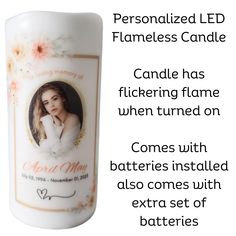 a white candle with the words personalized led flameless candle on it and an image of a woman's face