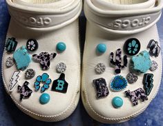 Acrylic croc charms. Range between .75"-1" on longest point. Will fit kids and adult size crocs. Turquoise Crocs Shoes, Crocs Charms Country, Western Crocks Shoes, Croc Jibbitz Ideas, Cowgirl Birthday Cakes, Western Shoes, Cute Country Outfits, Fit Kids, Western Accessories