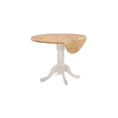 a white table with a wooden top and two leaves on the legs, against a white background