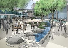 an artist's rendering of people walking and sitting at tables next to a river