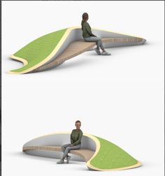 two images of a person sitting on a bench with grass growing out of the seat