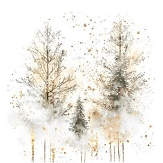 two trees in the snow with gold and white splats on them, against a white background