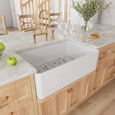 a kitchen sink sitting on top of a counter next to wooden cabinets and an apple