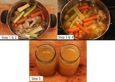 two pictures showing how to make soup with carrots and celery