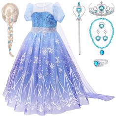 PRICES MAY VARY. 9 Pcs Princess Elsa Dress for Girls: Including 1 princess Elsa dress, 1 blonde wig, 1 magic wand, 1 crown, 1 necklace, 1 ring, 1 bracelet and 2 earrings. Dress up your lovely girl as her favourite snow queen in this stylish Elsa costume and a wealth of accessories. Unique Design: Sequins sparkle on the chest and a snowflake pattern embellishes the entire dress, the wig is decorated with snowflakes, the long cape is detachable, with gradient colors creating a dreamy feel. Once yo Frozen Princess Costume, Princess Elsa Dress, Toddler Princess Dress, Frozen Elsa Dress, Baby Costumes Girl, Costume For Girls, Elsa Costume, Long Cape, Elsa Dress