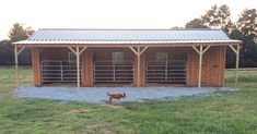 a horse is standing in front of a barn with two stalls on each side and one stall attached to the roof