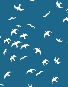 a flock of birds flying in the sky with white silhouettes on a blue background