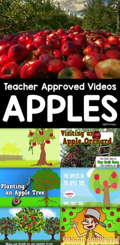 an image of apples with the title teacher approved videos for apple picking and tree planting