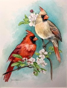 two birds sitting on top of a tree branch with flowers in the foreground and watercolor painting behind them