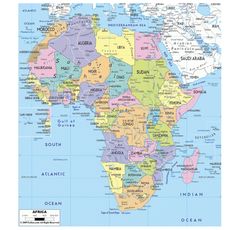 a large map of africa with all the countries and their major cities on it's sides