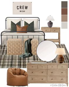 a bedroom is shown with brown and green accents