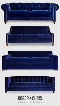 three different types of blue couches with the words roger - and - christ on them