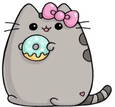 a cartoon cat with a donut in its mouth and a pink bow on her head