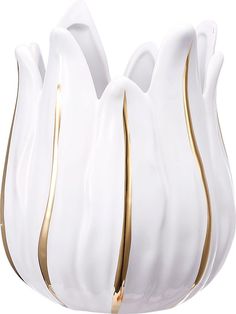 a white vase with gold lines on it