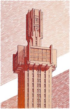 a drawing of a tall building with many windows