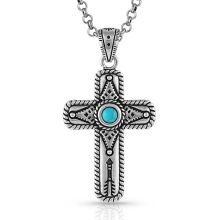 Montana Silversmiths� Faith on Point Turquoise Cross Necklace enhances the classic cross necklace. The silver-tone cross necklace features a center turquoise stone adding beauty and color. Covering the background of the cross is a detailed etched design and displayed at the bottom is an etched arrow. On the outside edge of the cross, a twisted rope completes the design. The pendant hangs on a silver-tone 19" chain. This necklace from Montana Silversmiths features a silver over brass base pendant Southwestern Silver Cross Pendant Necklace, Southwestern Style Silver Cross Pendant Necklace, Southwestern Style Silver Cross Necklaces, Southwestern Silver Cross Jewelry, Southwestern Style Silver Cross Necklace, Southwestern Silver Cross Necklace, Turquoise Cross Necklace, Faith Cross, Turquoise Cross