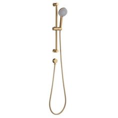 thermostaer with shower head and handset in polished brass, shown on a white background