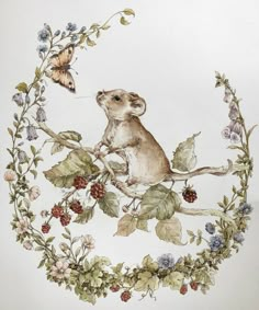 a mouse sitting on top of a tree branch surrounded by leaves and flowers with a butterfly flying over it