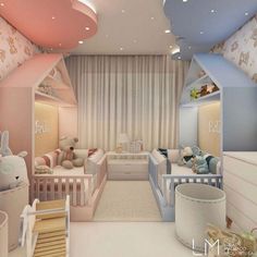 a child's room with baby cribs and other furniture in the corner