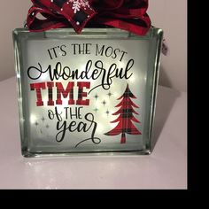 it's the most wonderful time of the year lighted glass block with red ribbon