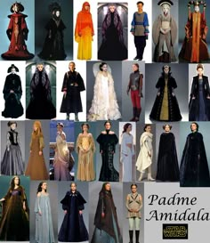 many different costumes are shown in this collage with the words padme andal