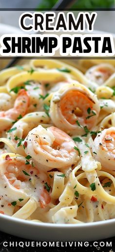 creamy shrimp pasta in a white bowl with parsley on top and text overlay